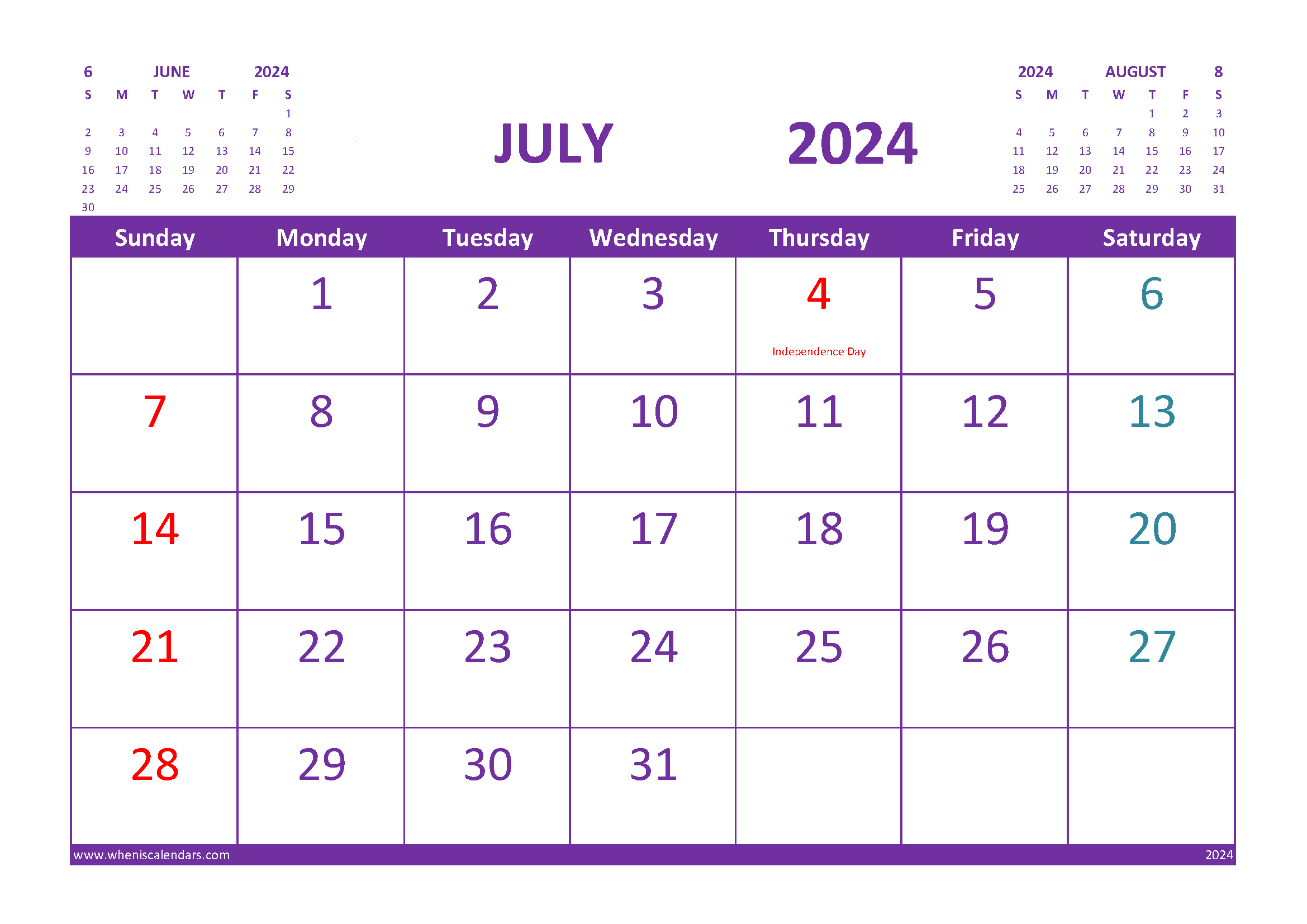 July 2024 Printable Calendar Free with Holidays
