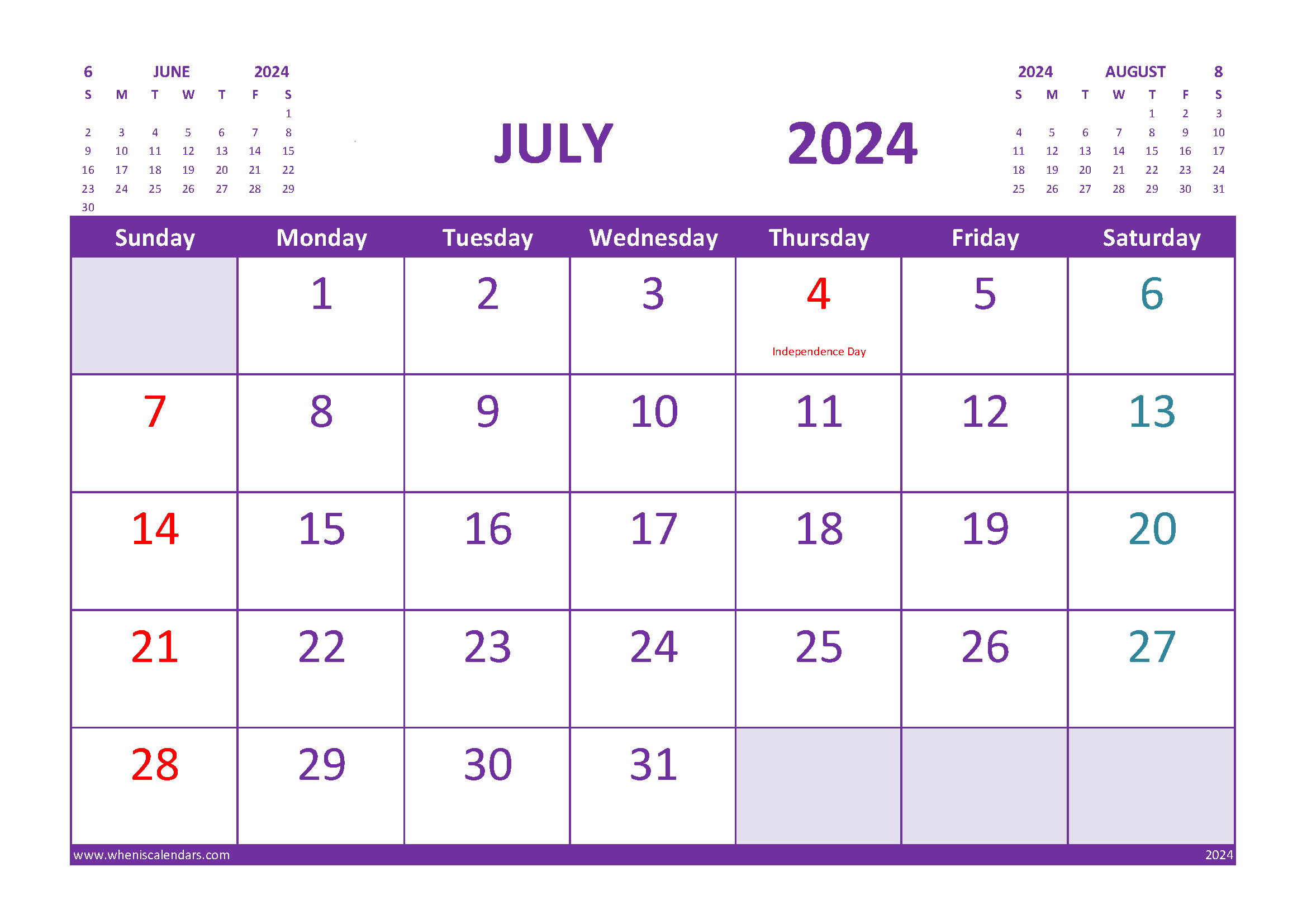 Free Printable Calendar July 2024 with Holidays width=