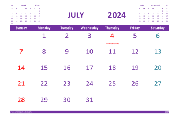Free Printable Calendar for July 2024 with Holidays