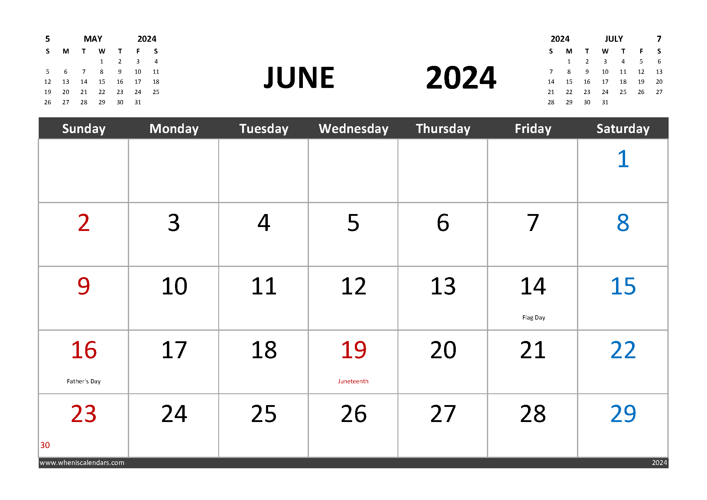 Free Printable Calendar June 2024 with Holidays