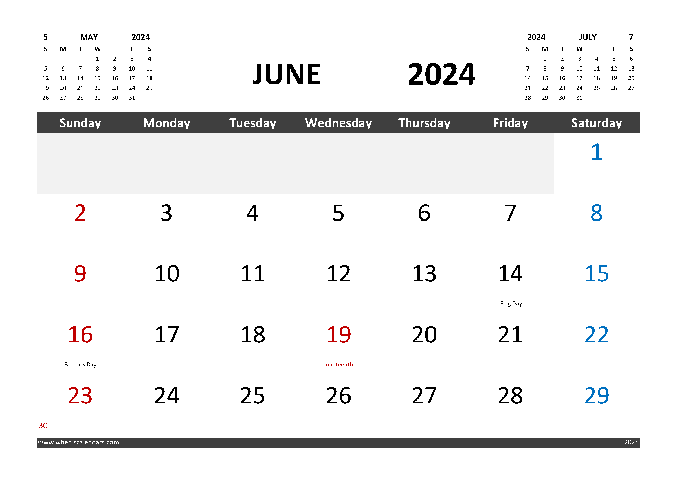 Free June 2024 Calendar Template with Holidays width=