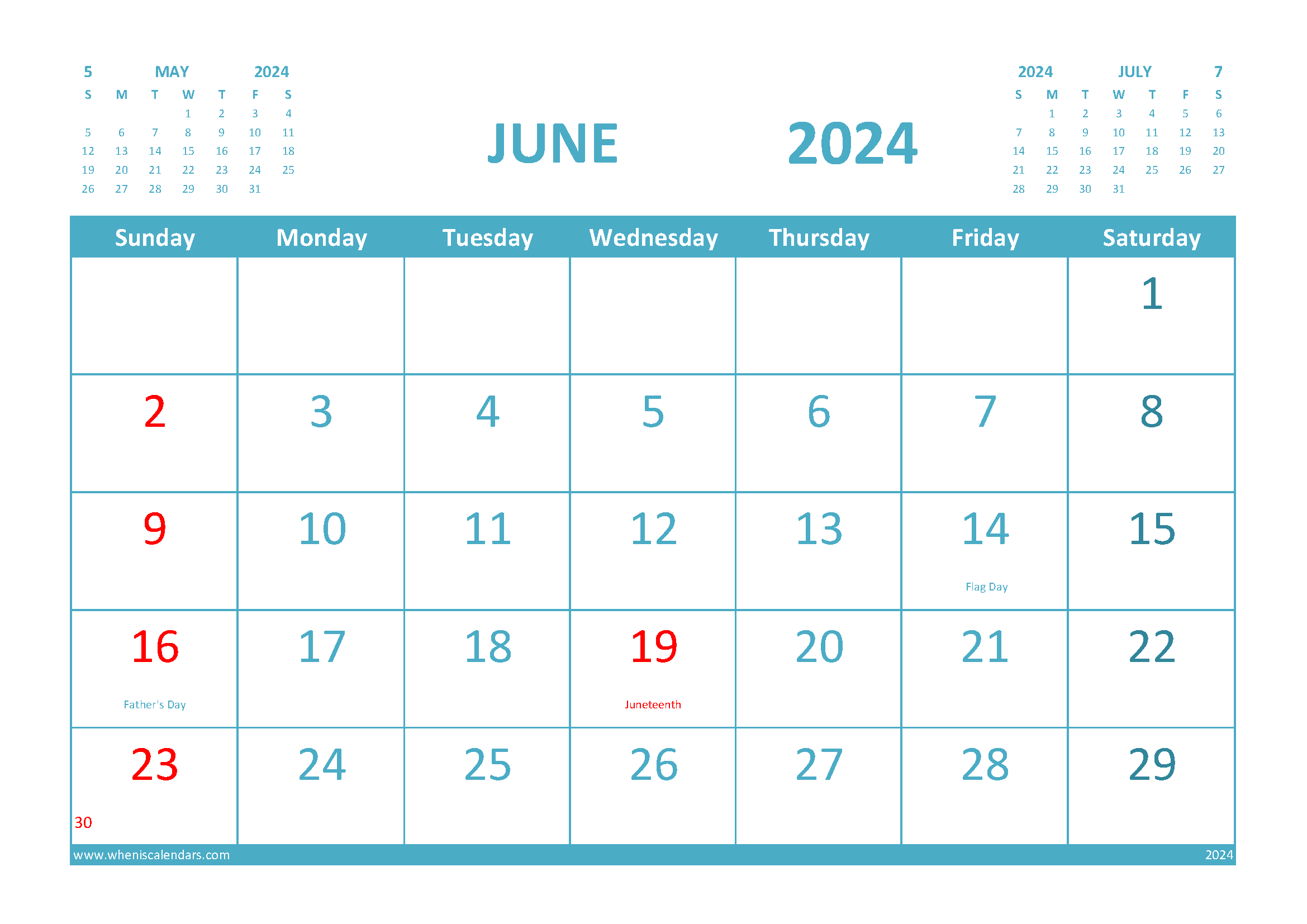 June 2024 Calendar Free Printable with Holidays width=