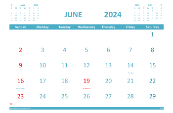 Free 2024 Calendar June Printable with Holidays