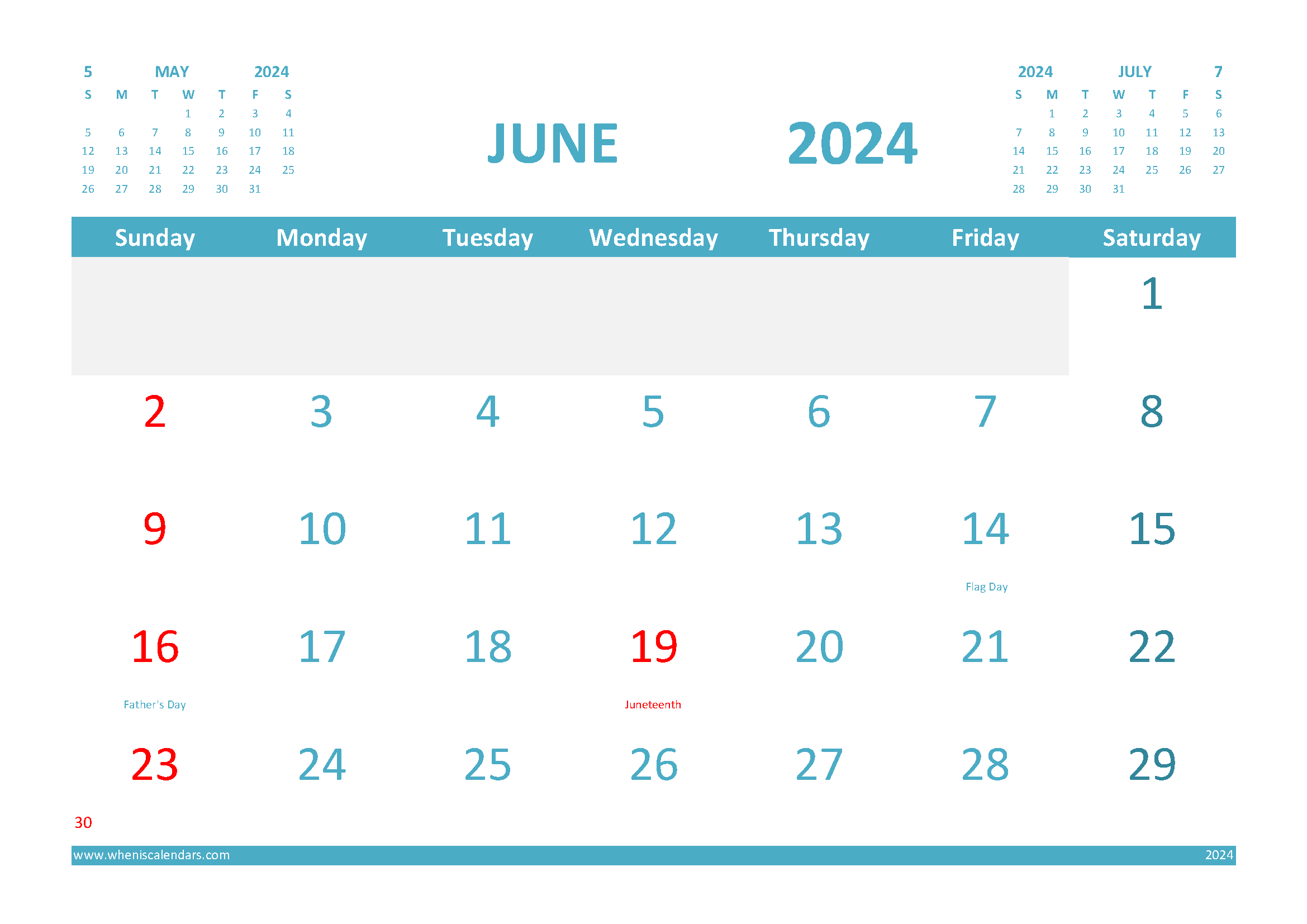 June 2024 Calendar with Holidays Printable for Free width=