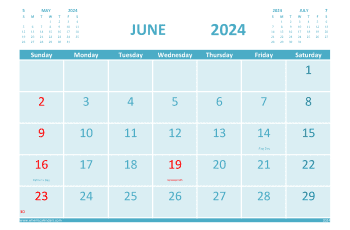 June 2024 Calendar with Holidays Free Printable