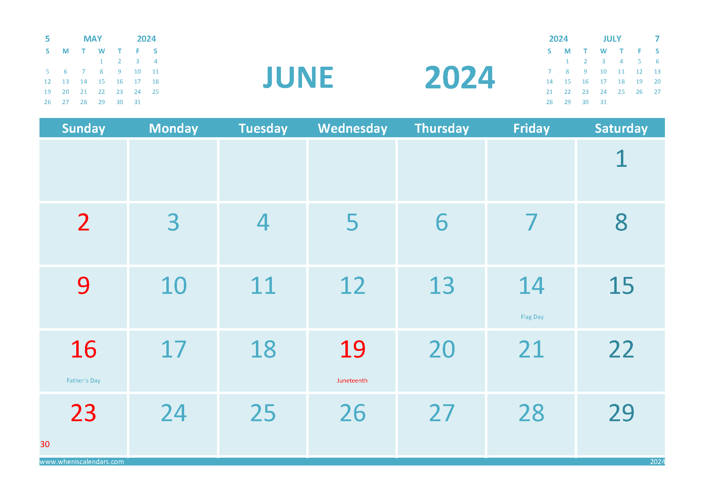 June 2024 Calendar with Holidays Free Printable width=