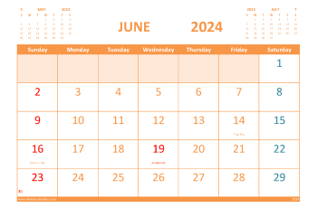 Calendar for June 2024 with Holidays Free Printable