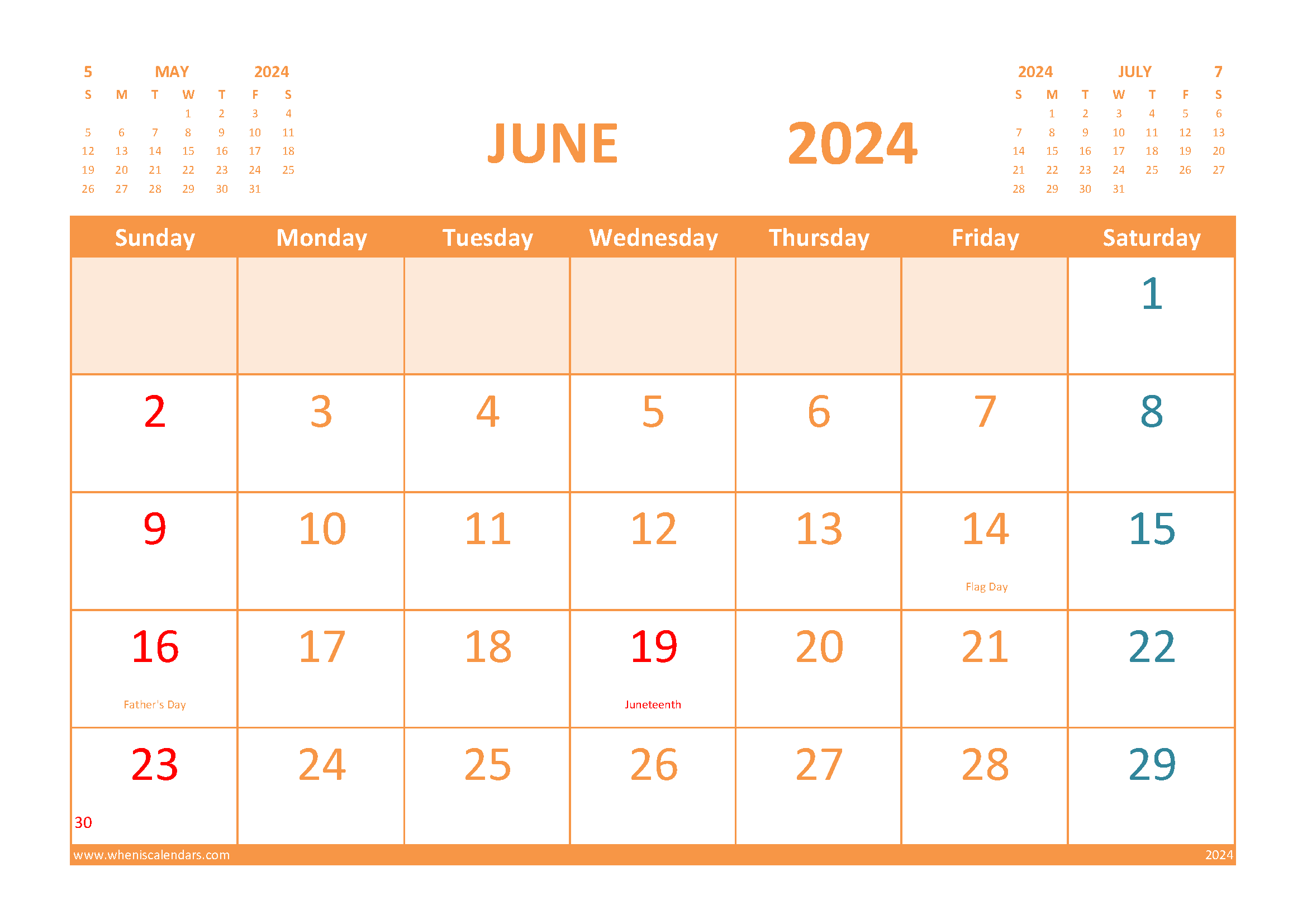 Calendar for June 2024 with Holidays Free Printable width=