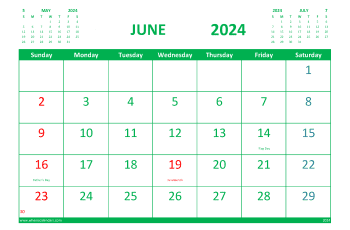 Free Calendar June 2024 Printable with Holidays