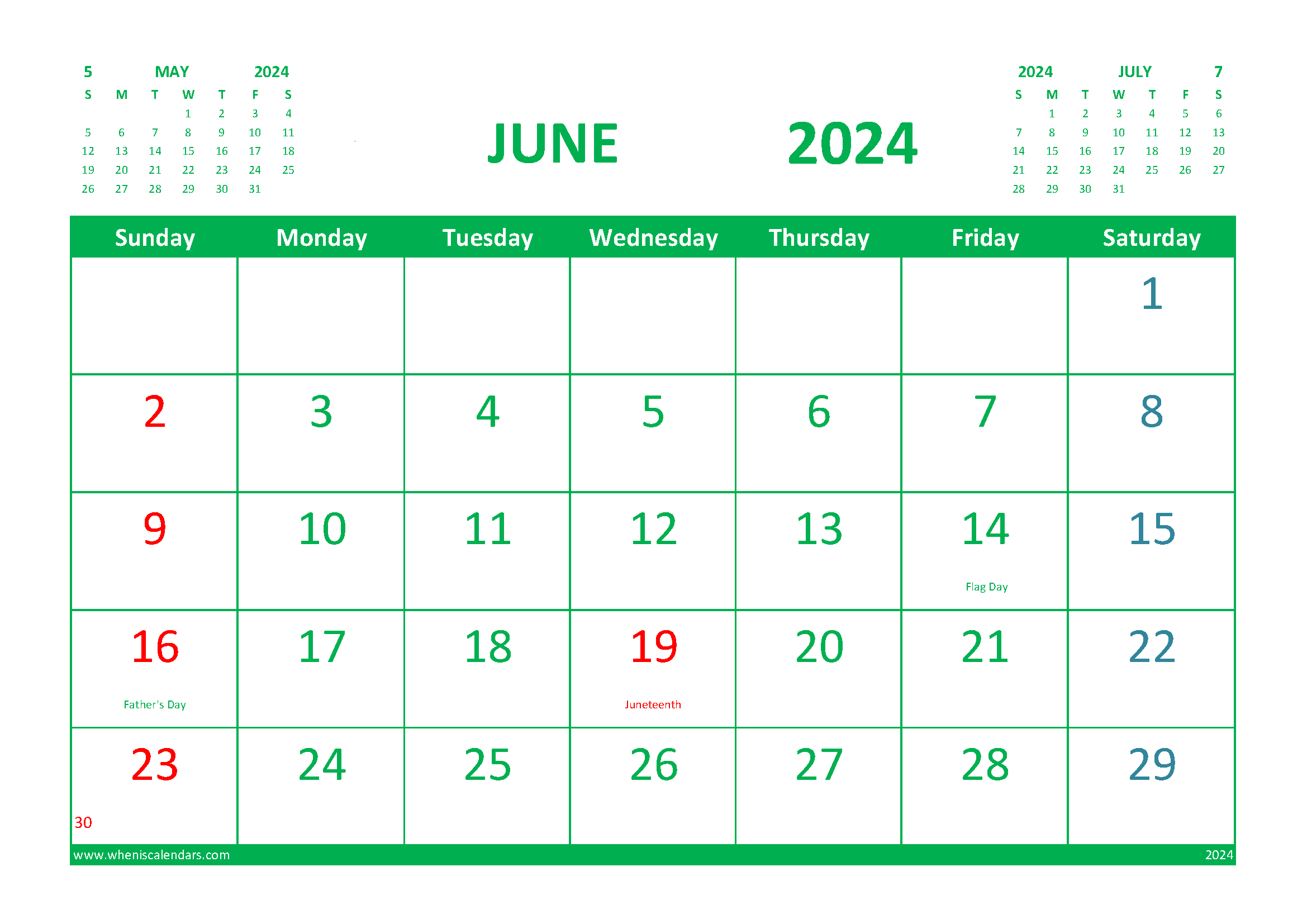 June 2024 Printable Calendar Free with Holidays