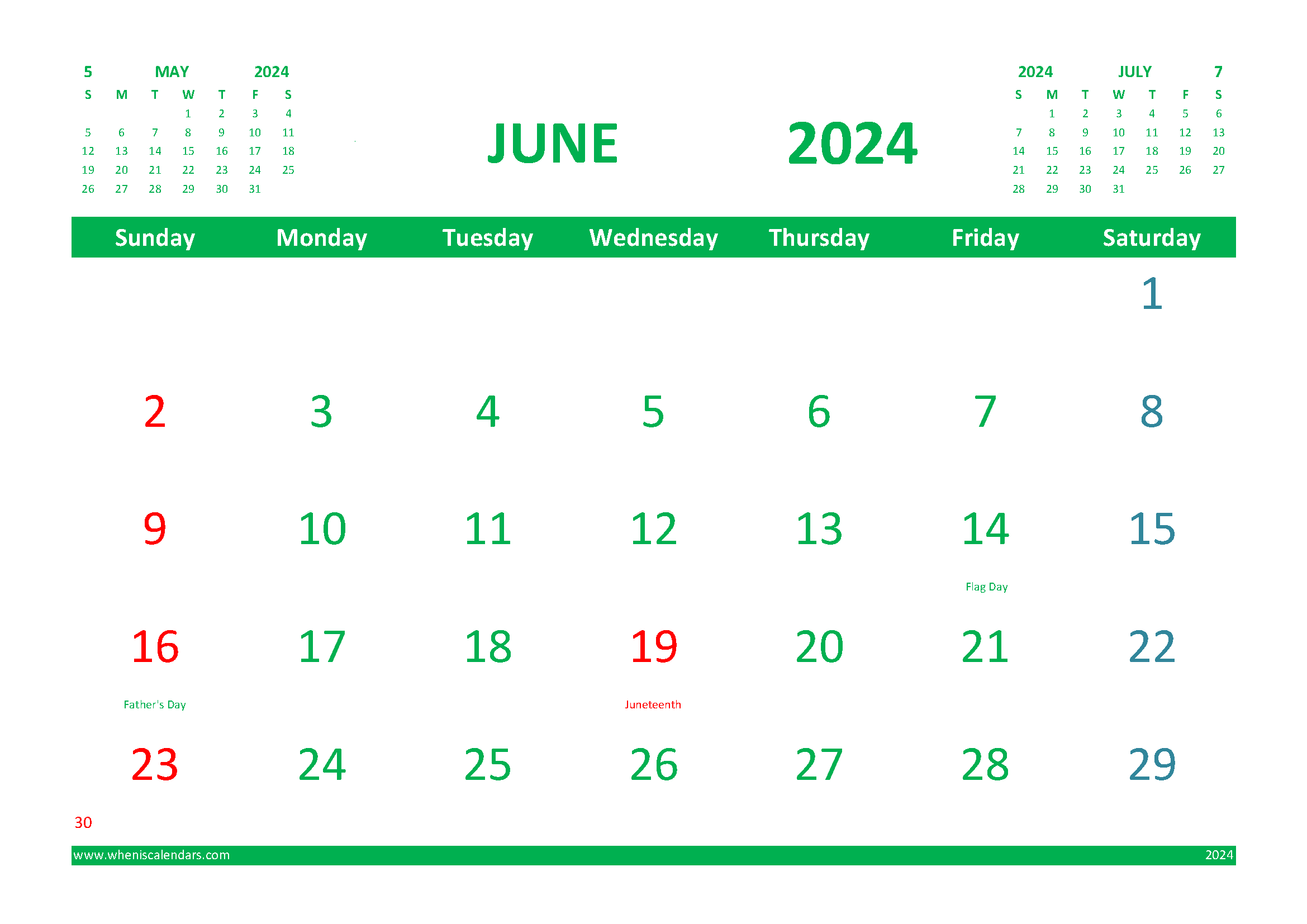 June 2024 Calendar Free Printable With Holidays