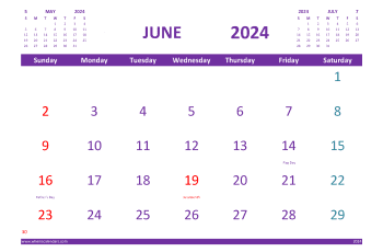 Free Printable Calendar for June 2024 with Holidays