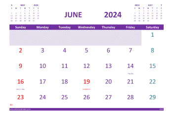 Calendar for June 2024 with Holidays Free Printable