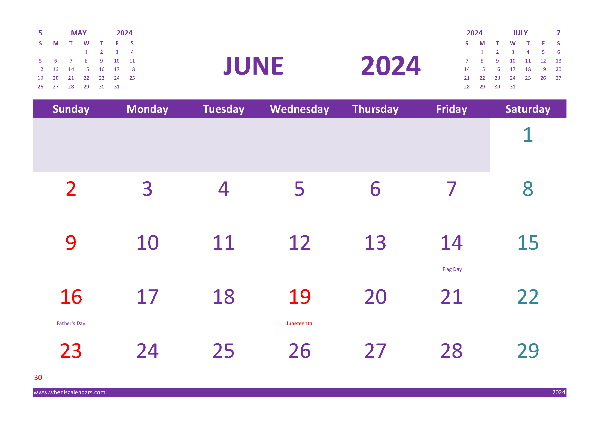Calendar for June 2024 with Holidays Free Printable width=
