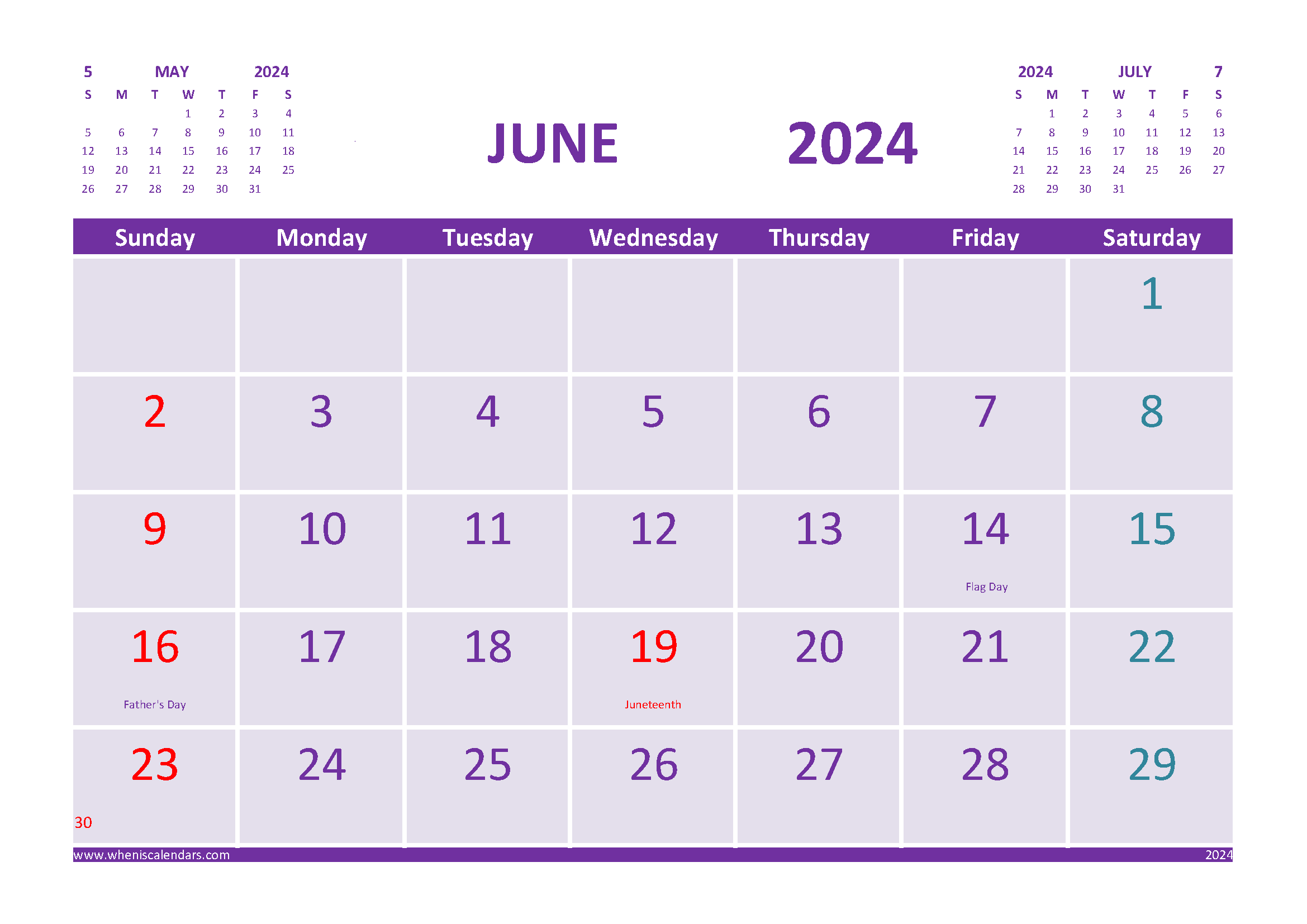 Free June 2024 Calendar with Holidays Printable width=