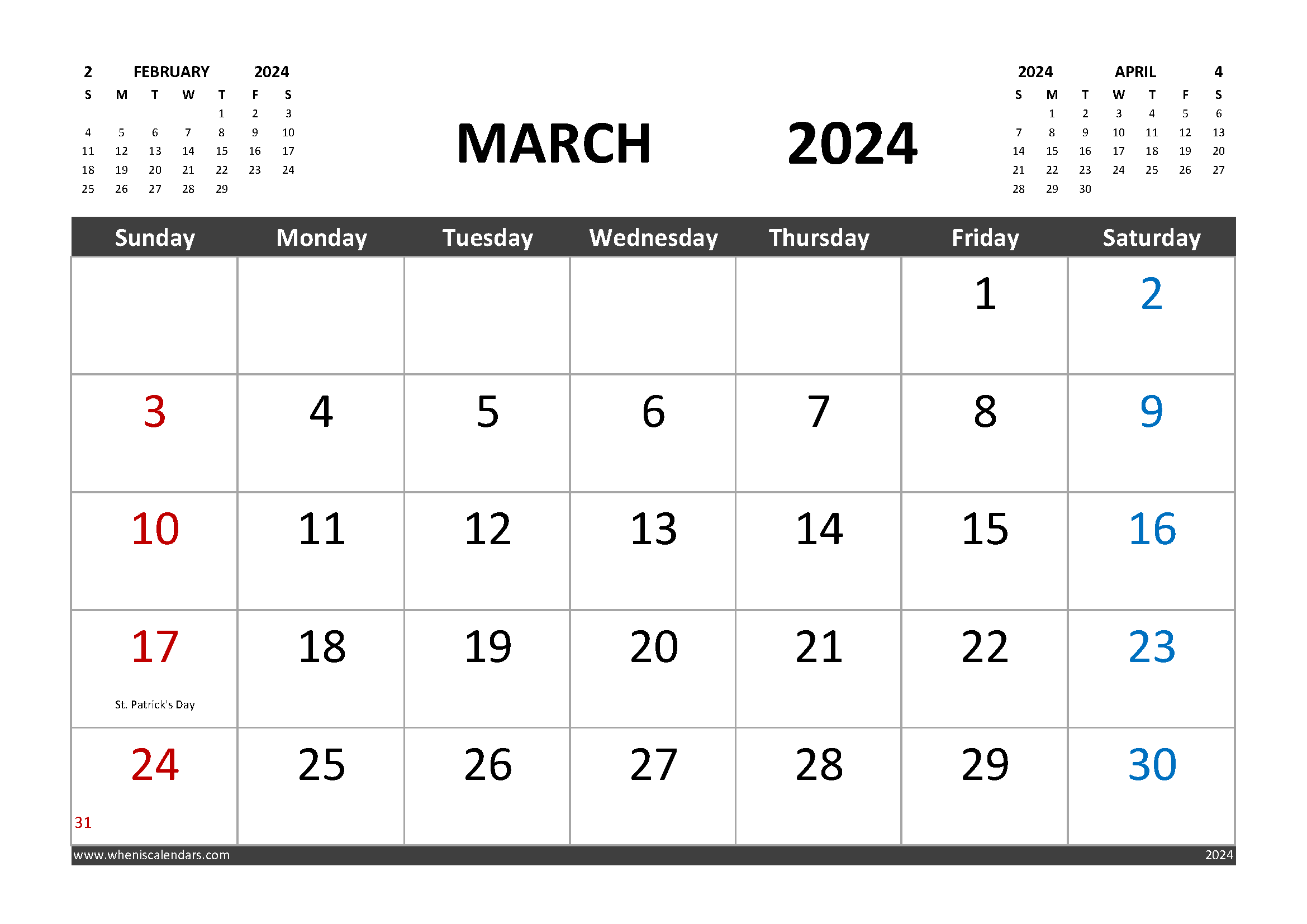 Free Printable Calendar March 2024 with Holidays