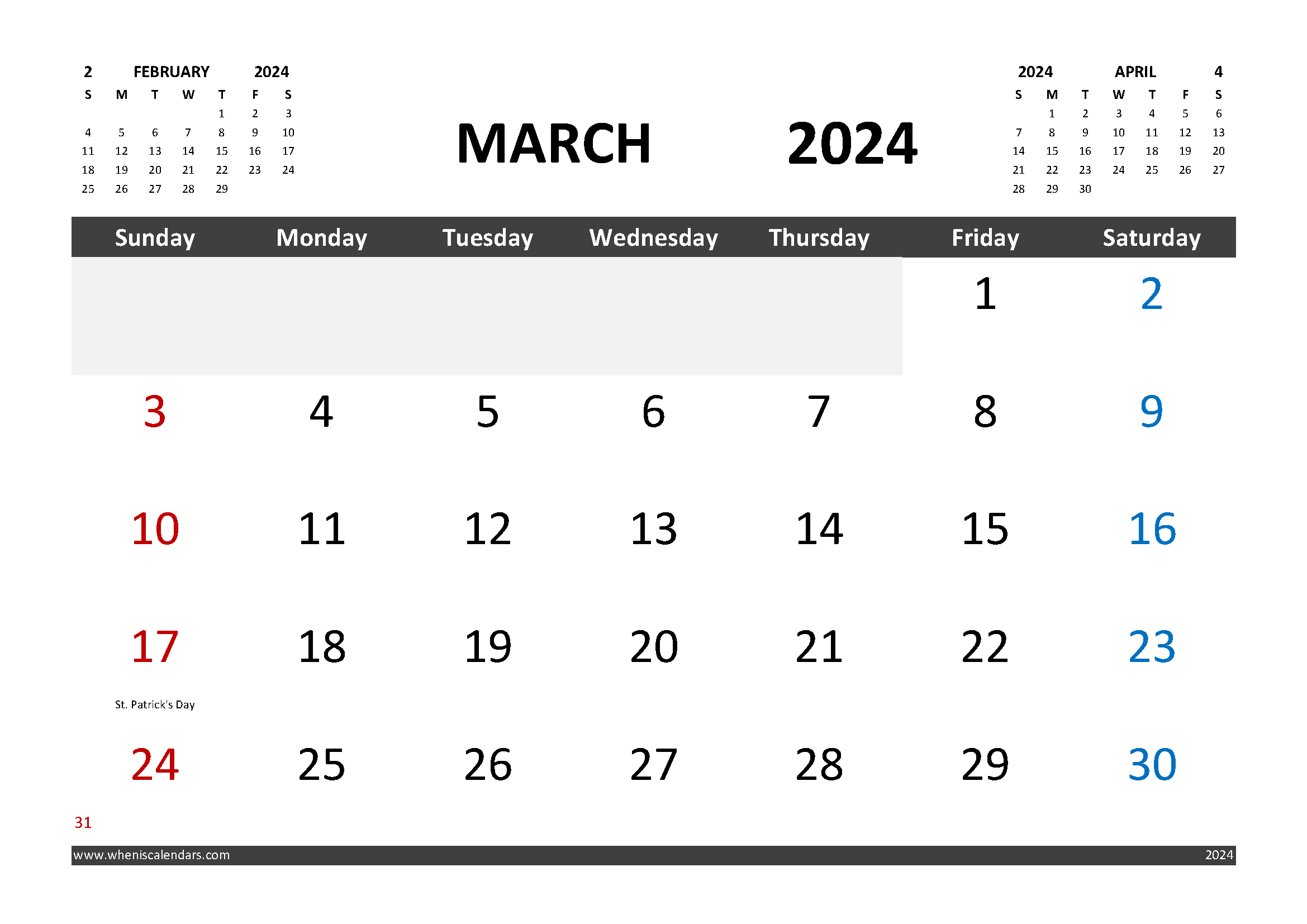Free March 2024 Calendar Template with Holidays width=