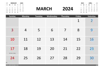 March 2024 Printable Calendar Free with Holidays