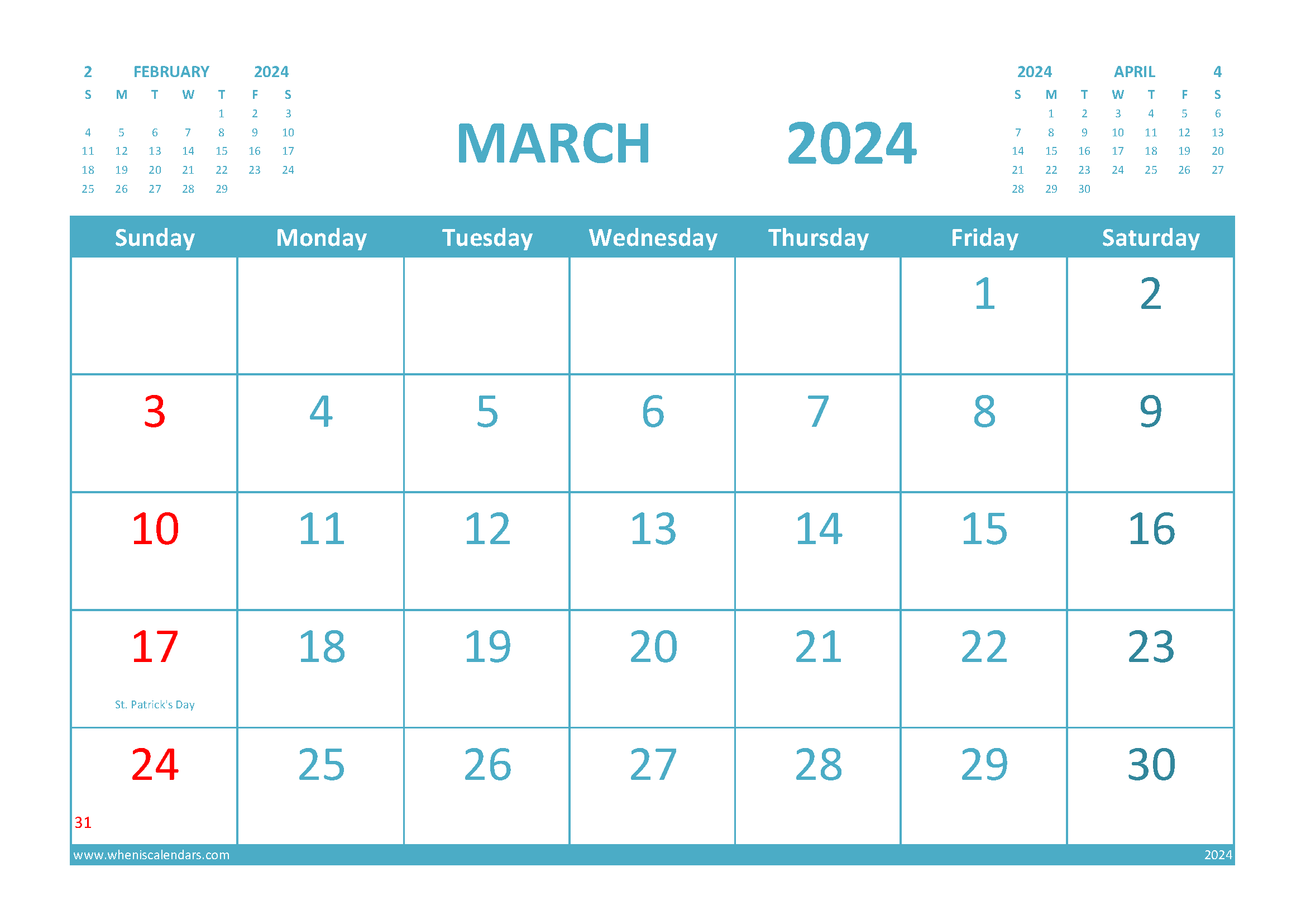Free Printable Calendar March 2024 with Holidays