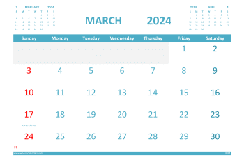 March 2024 Calendar with Holidays Printable for Free