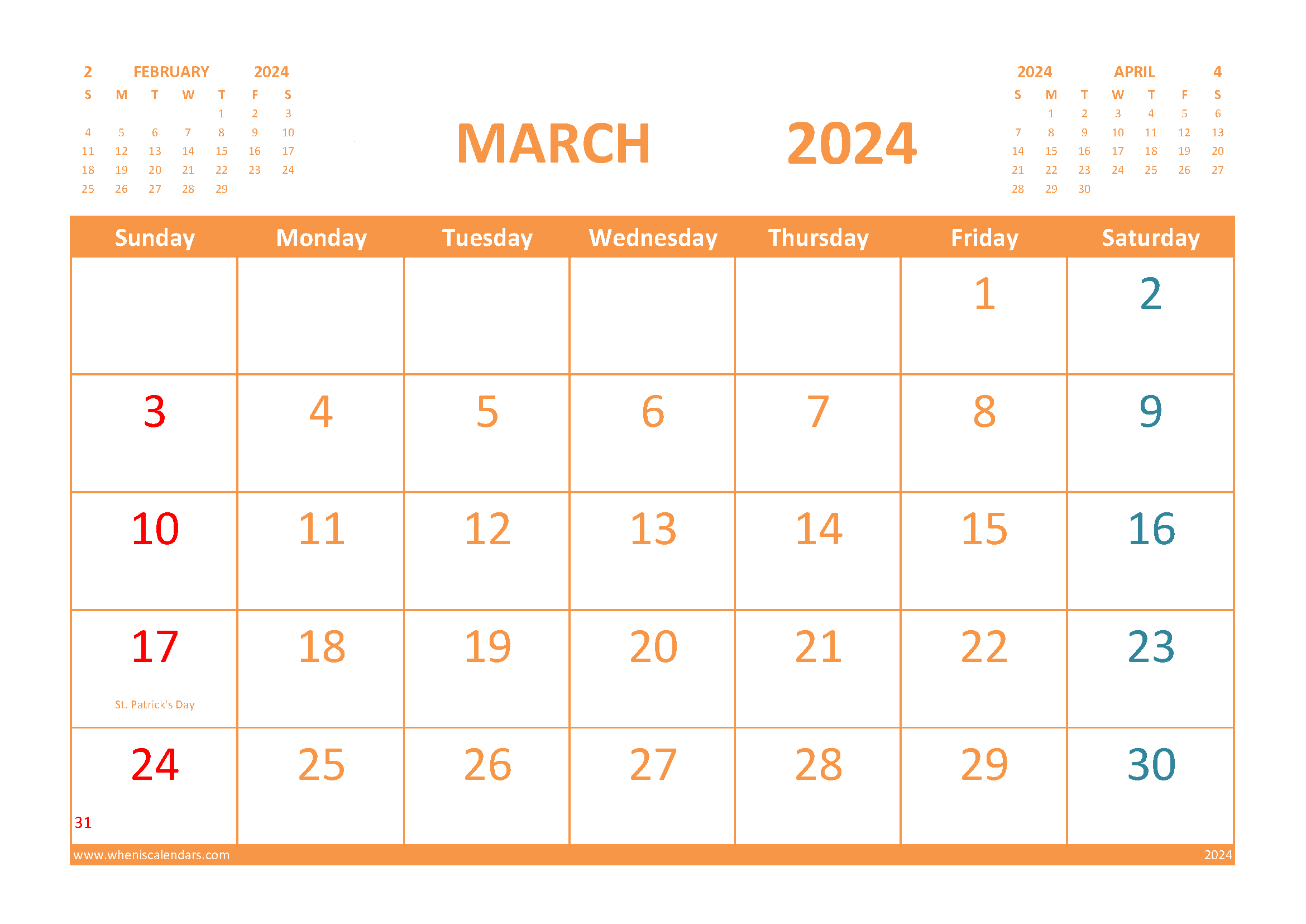 Free Printable Calendar for March 2024 with Holidays width=