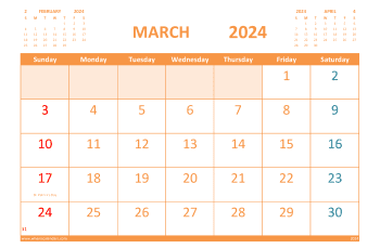 Calendar for March 2024 with Holidays Free Printable