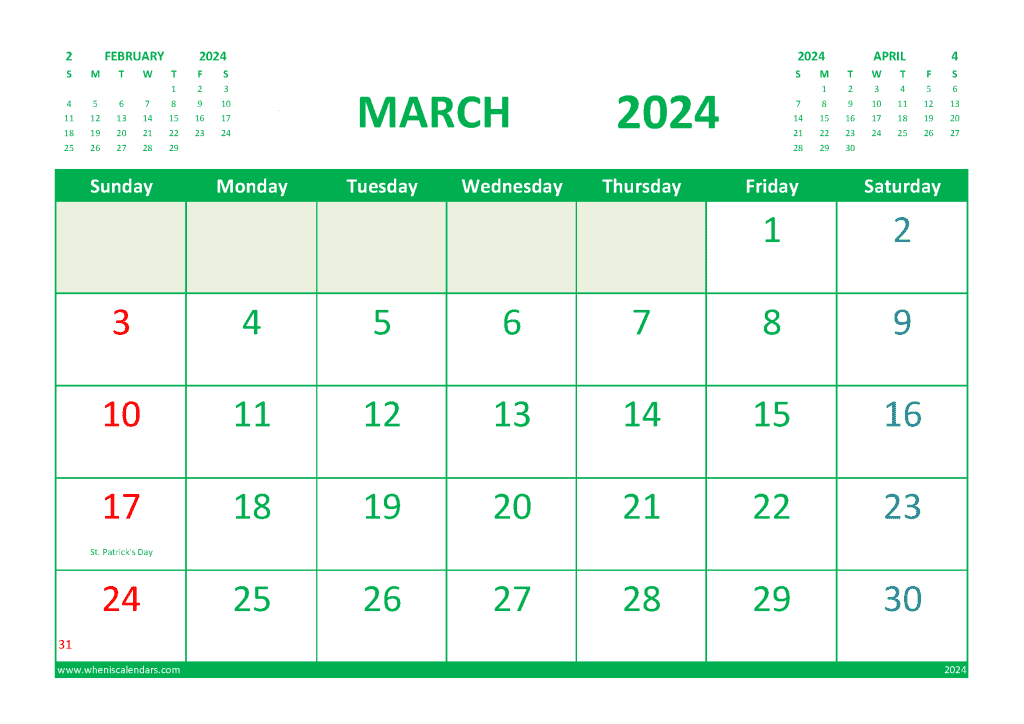 March 2024 Printable Calendar Free with Holidays