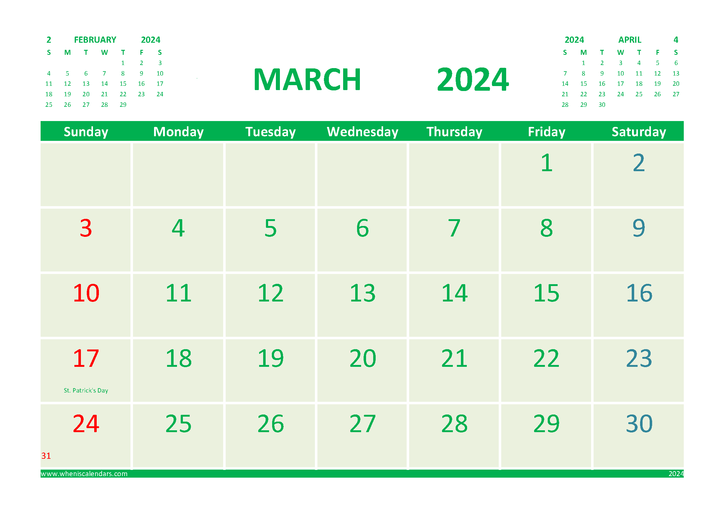 Free 2024 Calendar March Printable with Holidays width=