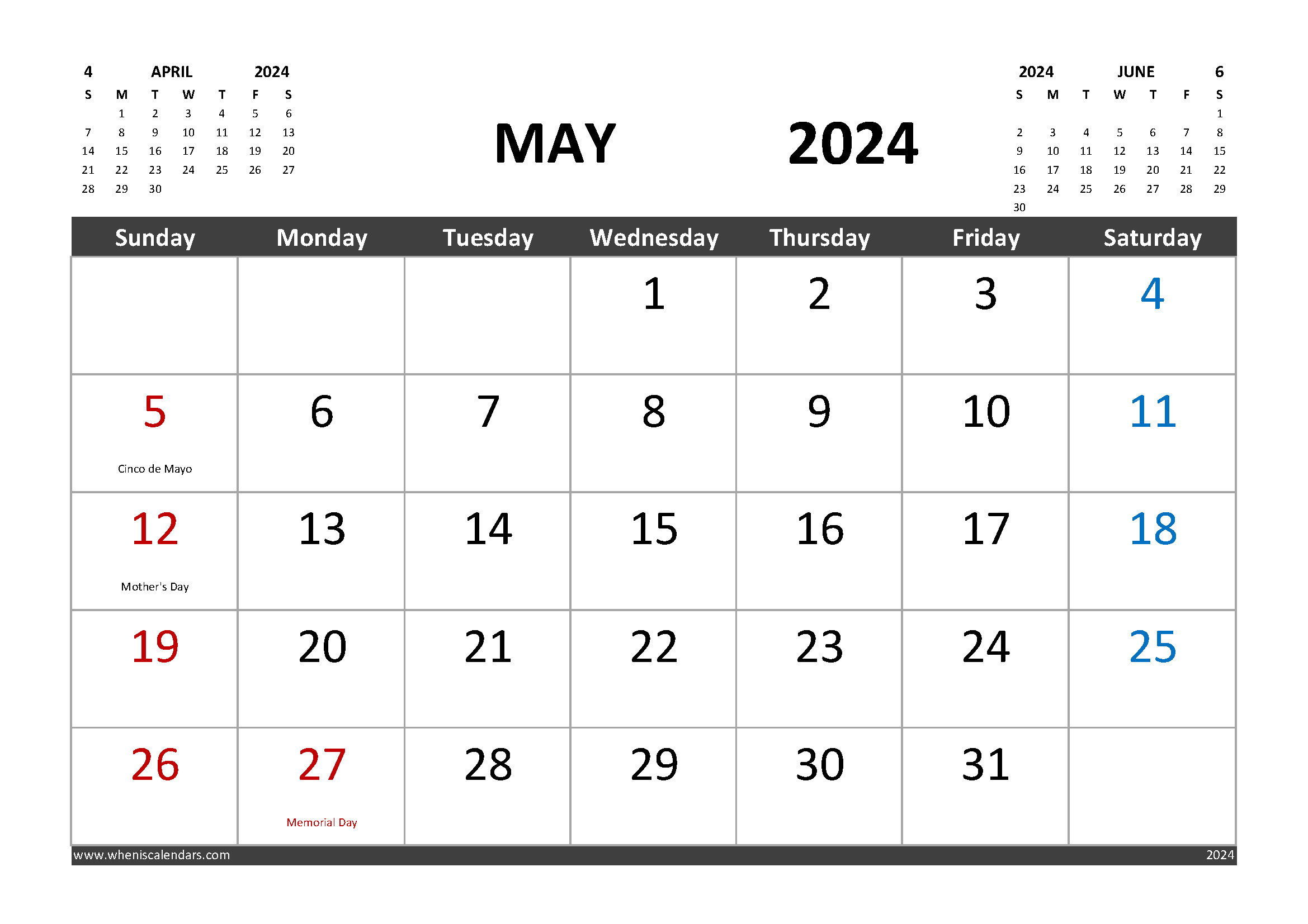May 2024 Printable Calendar Free with Holidays