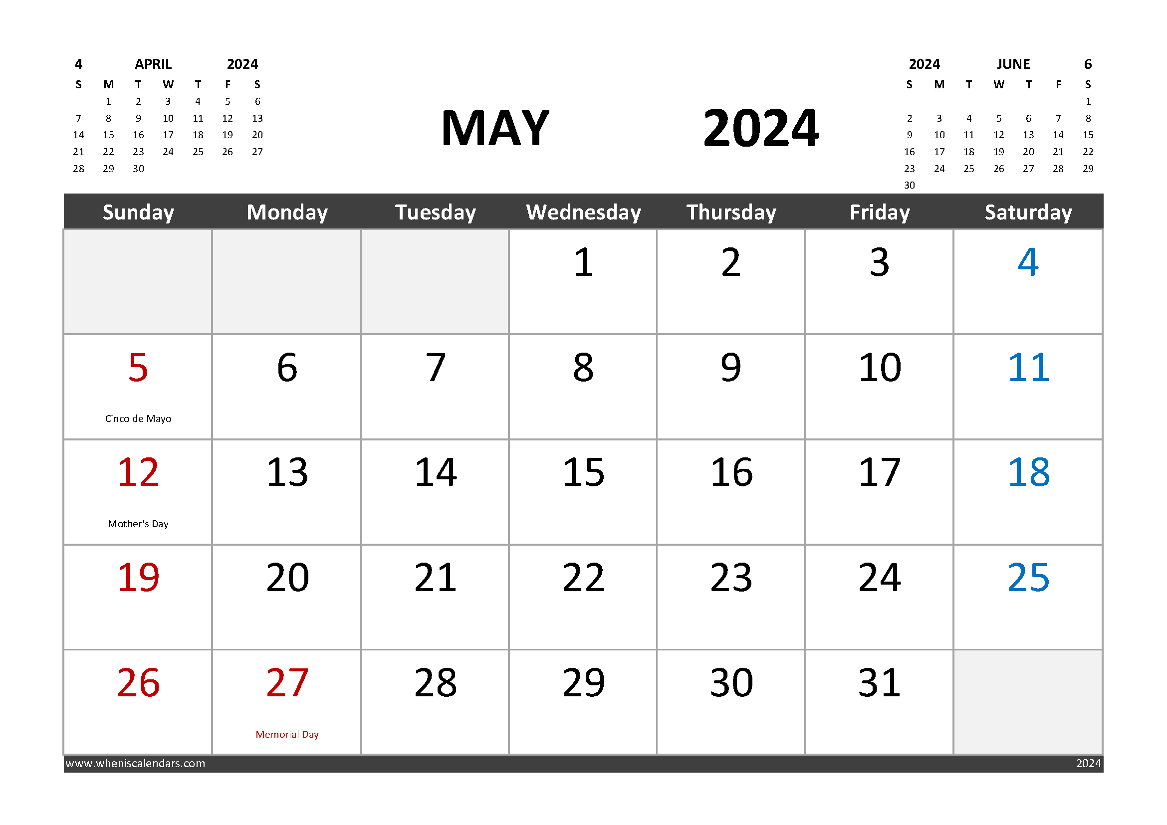 Free Printable May 2024 Calendar With Holidays