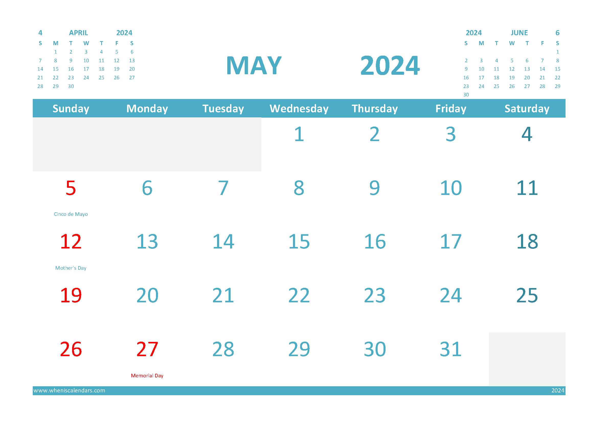 May 2024 Calendar With Holidays Printable For Free