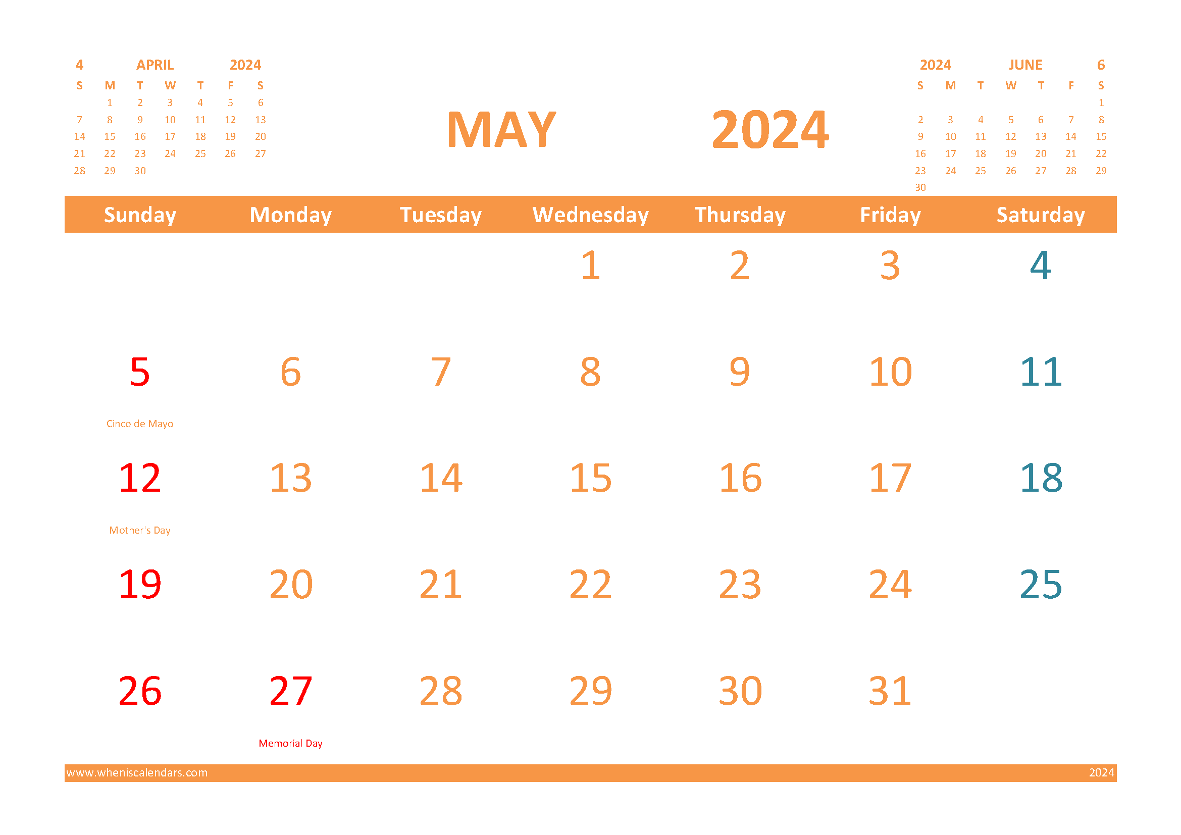 Free May 2024 Calendar with Holidays Printable width=