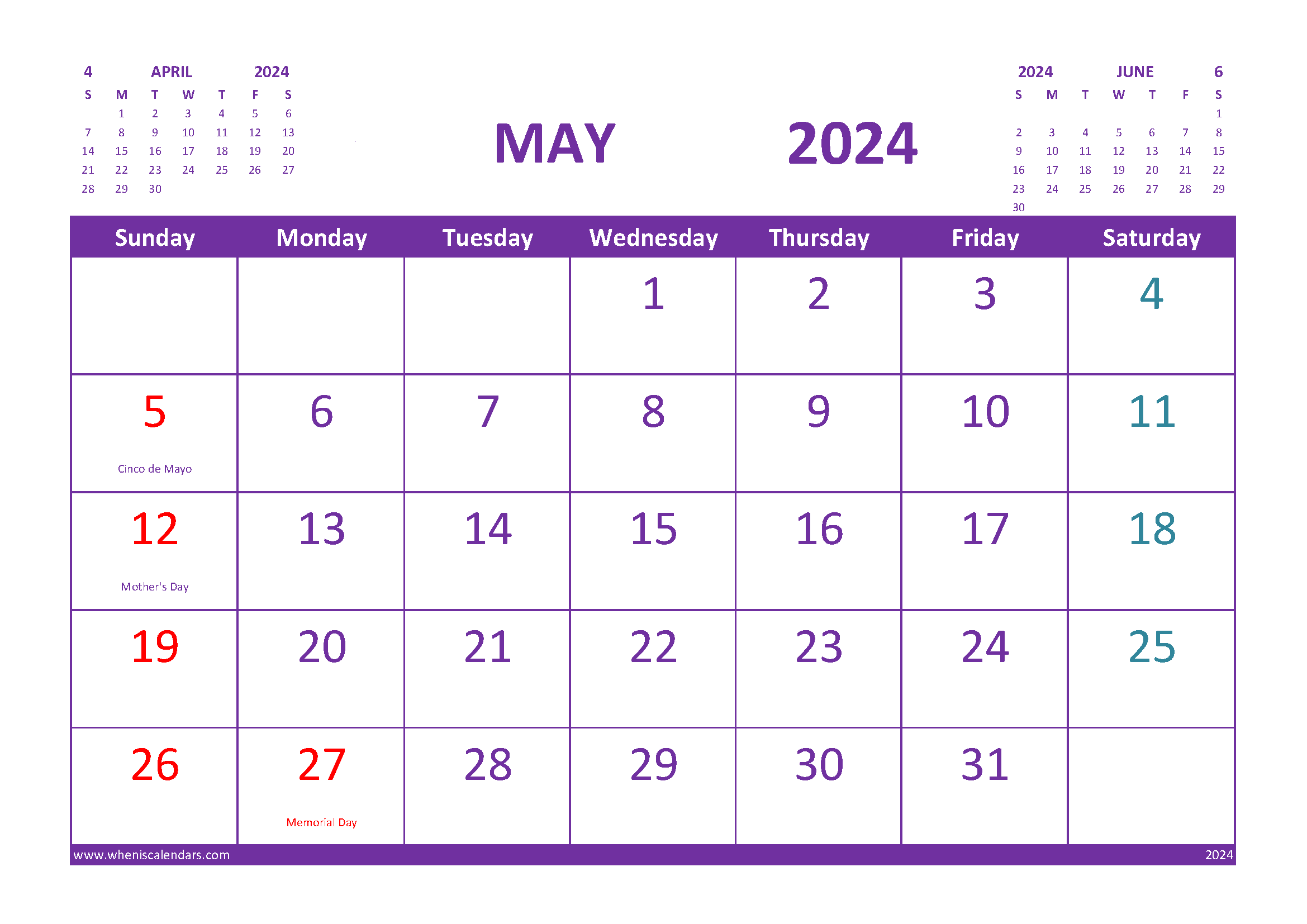 Free Printable Calendar May 2024 with Holidays
