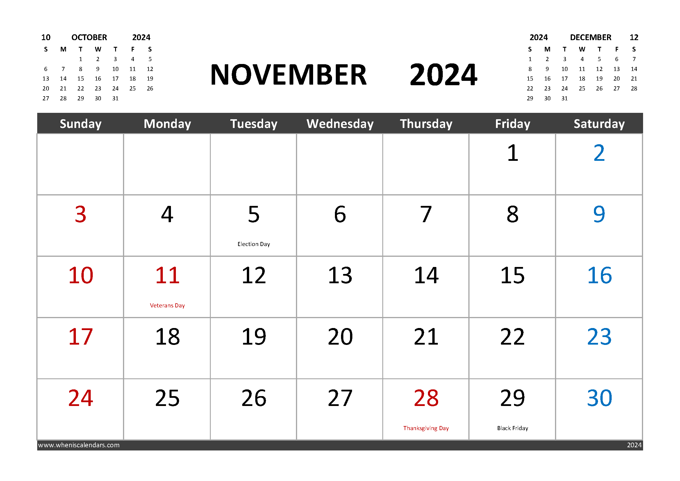 Free Printable Calendar November 2024 with Holidays
