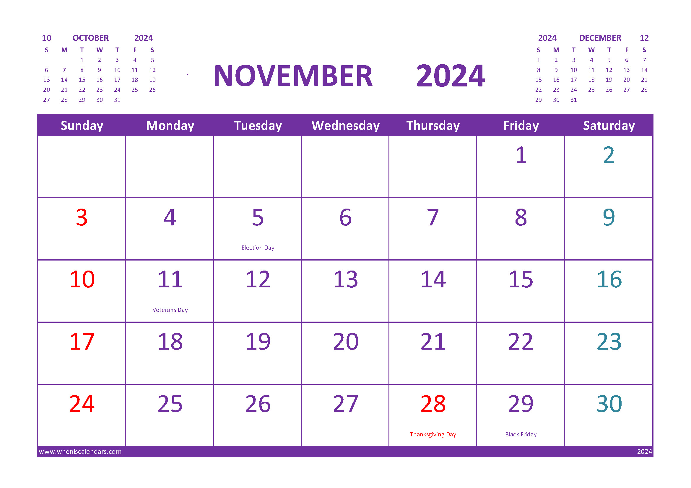 Free Printable Calendar November 2024 with Holidays
