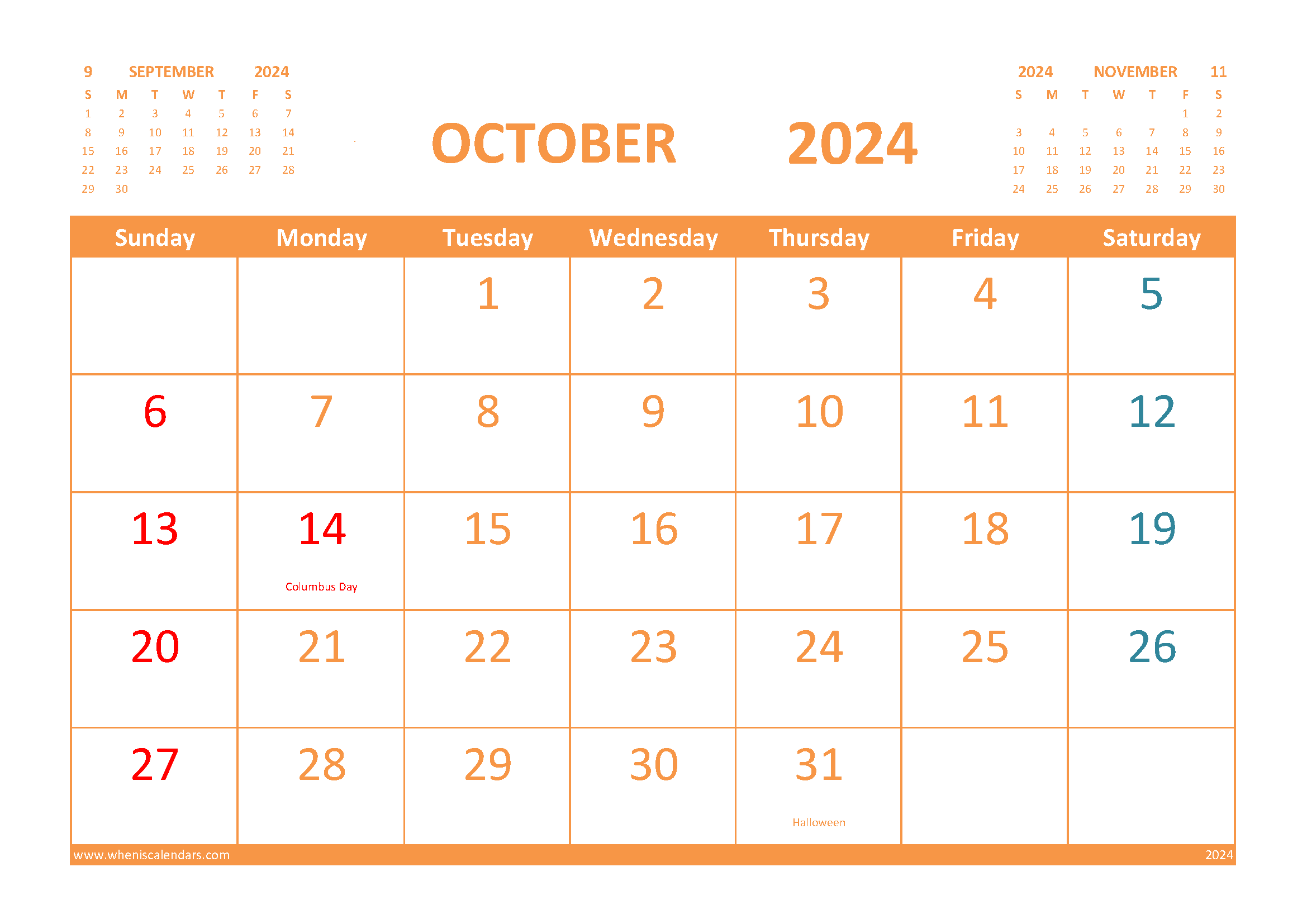 Free Printable Calendar October 2024 with Holidays