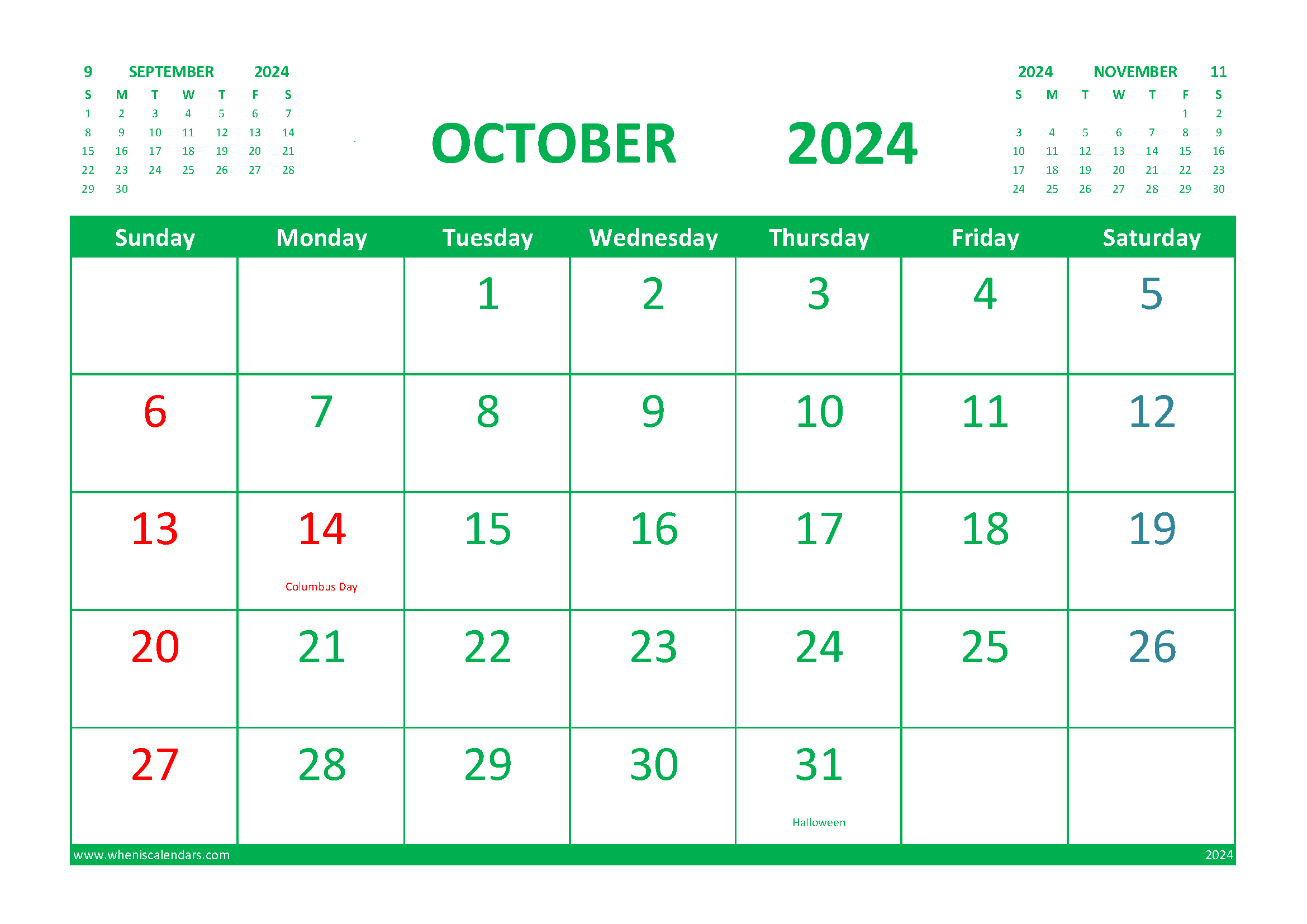 Free Printable Calendar October 2024 with Holidays