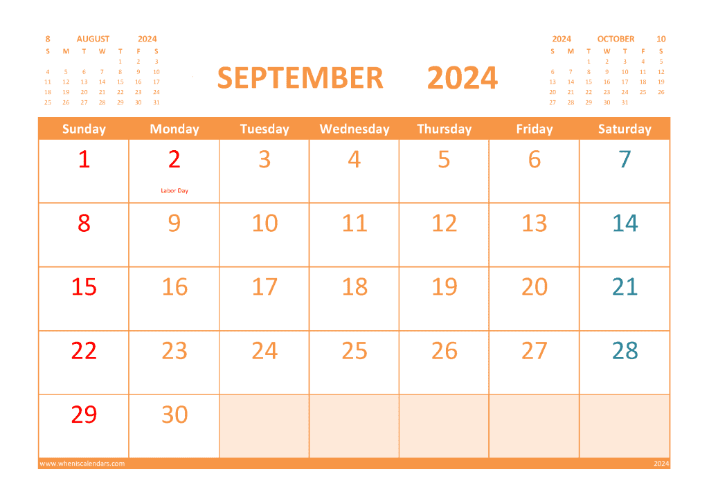 Calendar for September 2024 with Holidays Free Printable