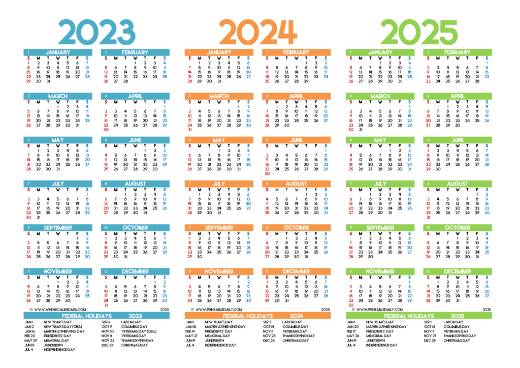 Printable 2023 2024 2025 Calendar with Holidays For Free Download and Easy To Print