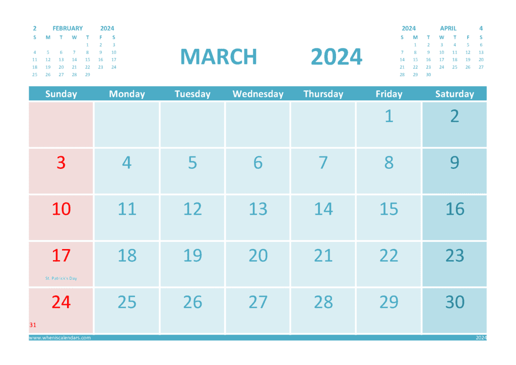 Free Printable March 2024 Calendar with Holidays PDF in Variety Format