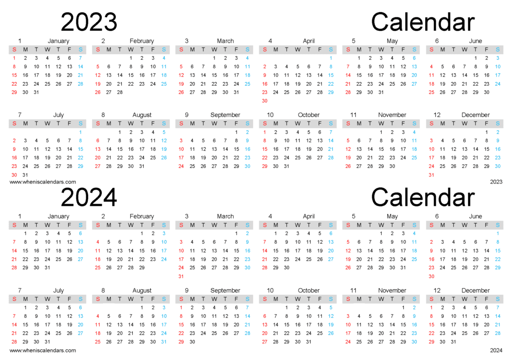 Free Printable 2023 And 2024 Calendar with Two-Year on One Page