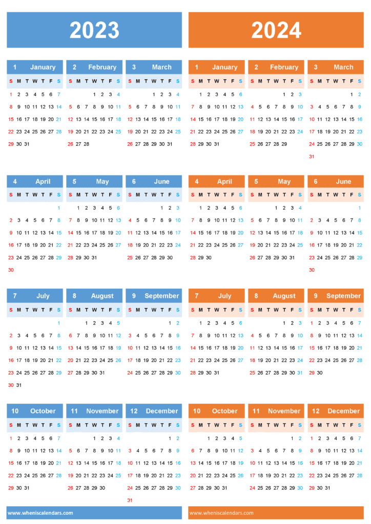 Free Printable 2023 And 2024 Calendar with Two-Year on One Page