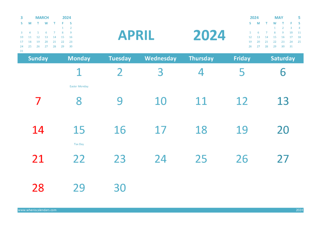 Free Printable April 2024 Calendar with Holidays PDF in Landscape