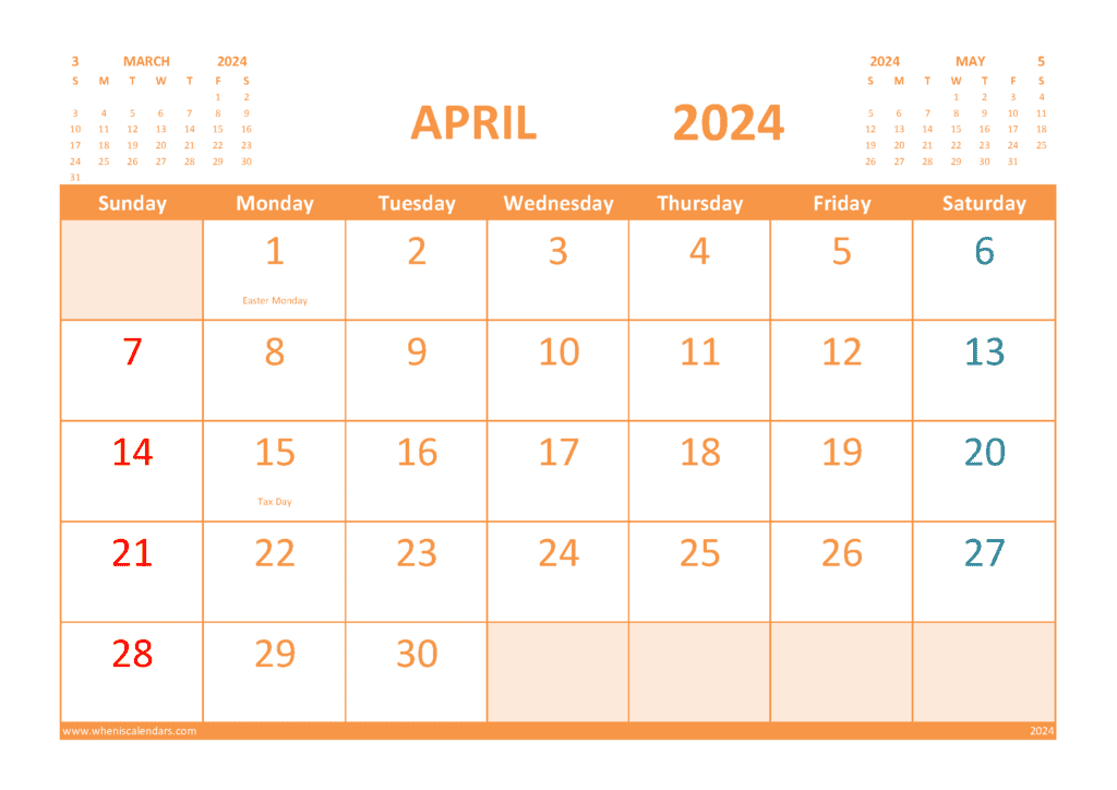 Free Printable April 2024 Calendar with Holidays PDF in Landscape