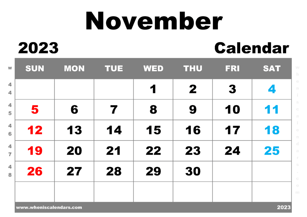 Free Printable November 2023 Calendar with Week Numbers