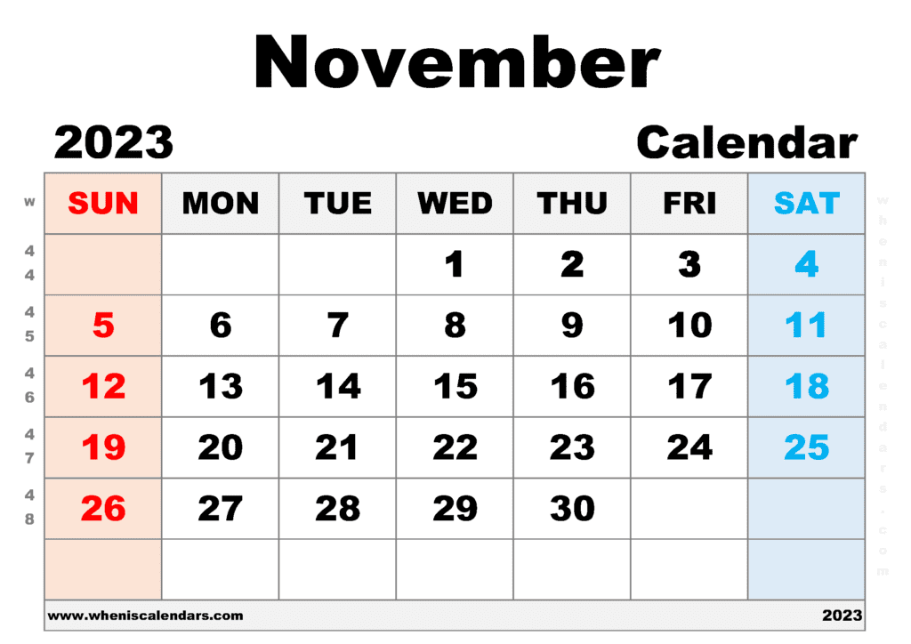 Free Printable November 2023 Calendar with Week Numbers