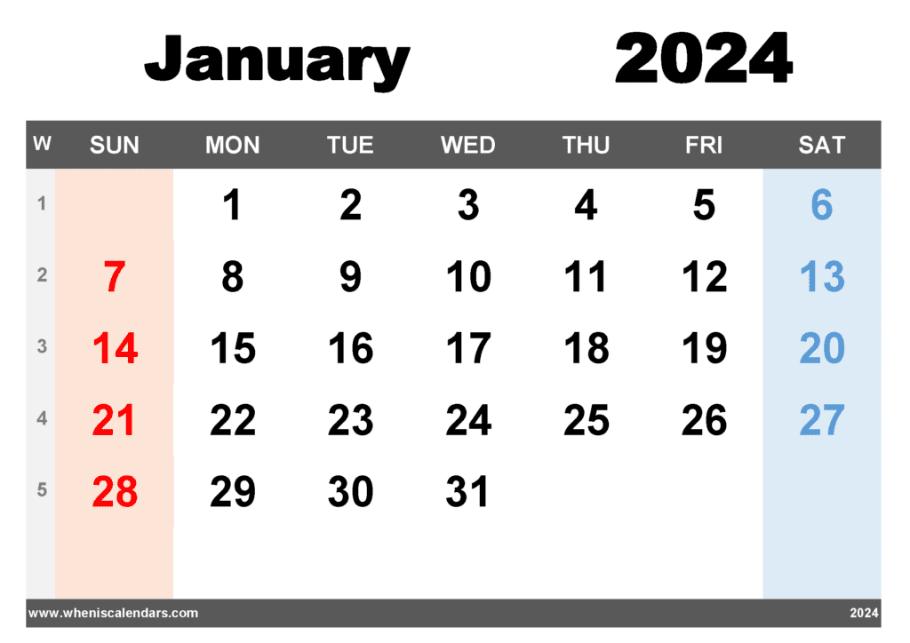 Free Printable January 2024 Calendar with Week Numbers