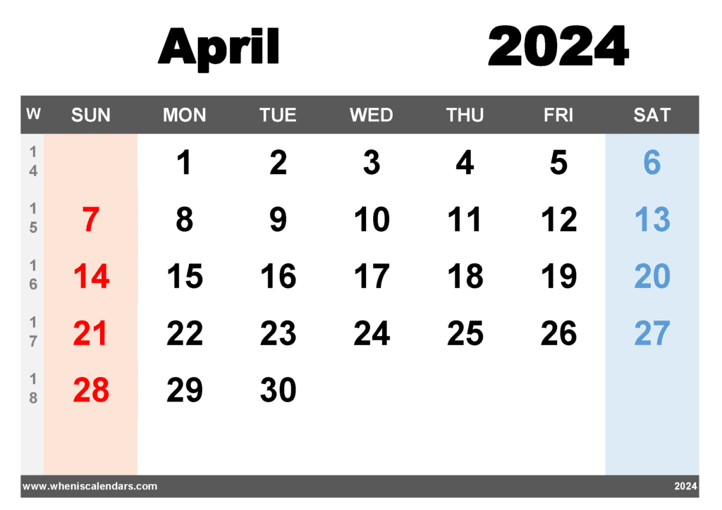 Free Printable April 2024 Calendar with Week Numbers