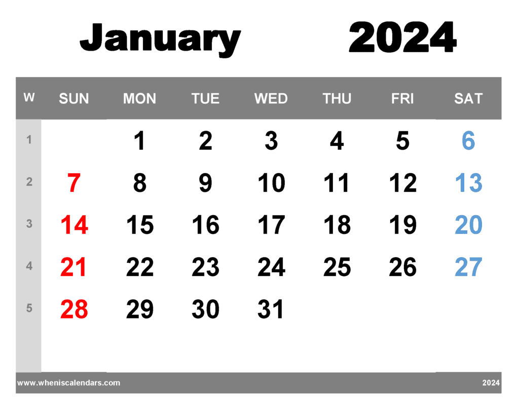 Free Printable January 2024 Calendar with Week Numbers