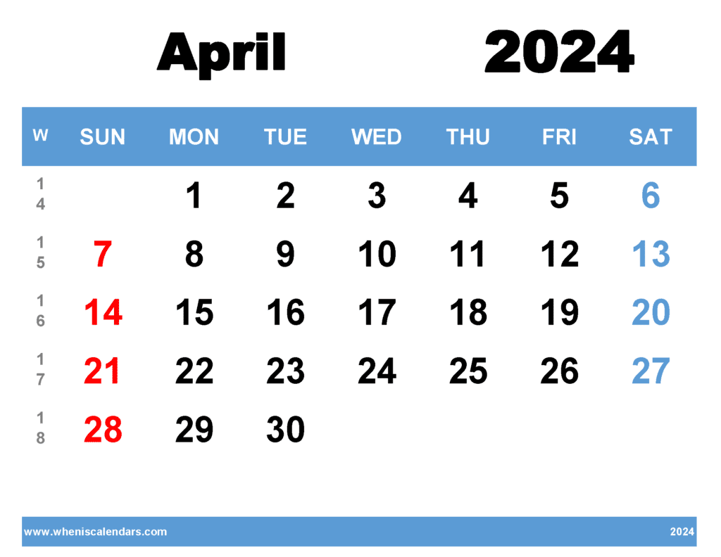 Free Printable April 2024 Calendar with Week Numbers